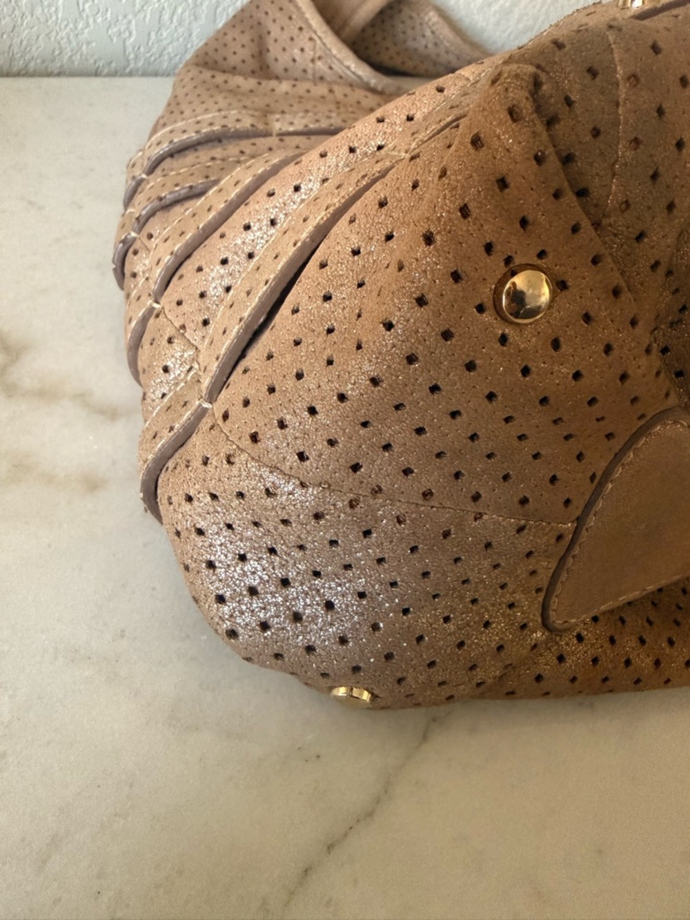 Jimmy Choo Bardia Perforated Shimmer Suede Buckle Strap Hobo Shoulder Bag - Picture 10 of 14